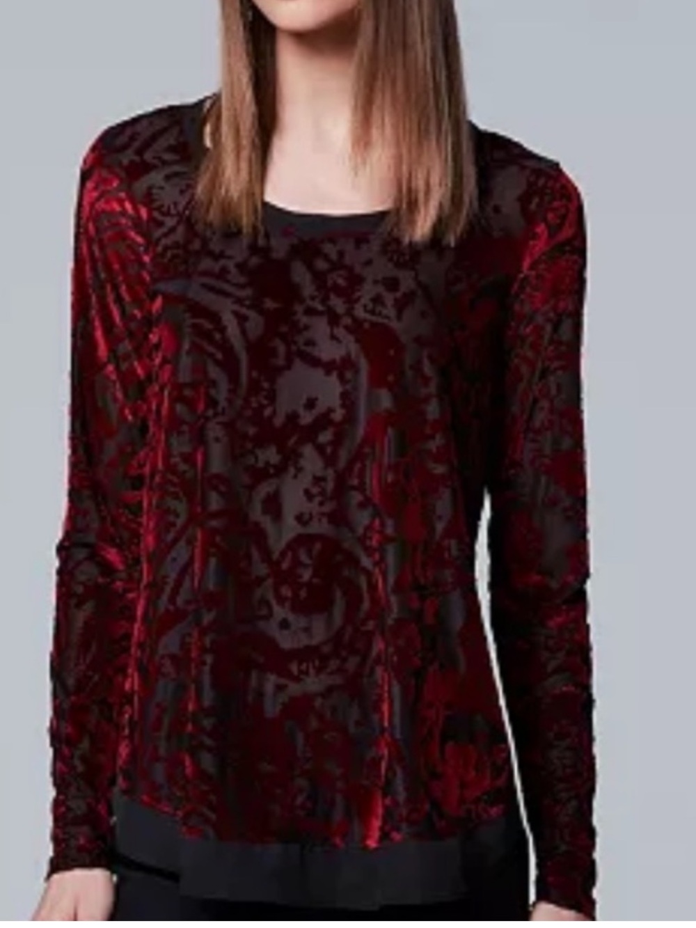 Simply Vera Velvet Burnout Top Size XL Burgundy Sheer Paisley Tunic Long Sleeve